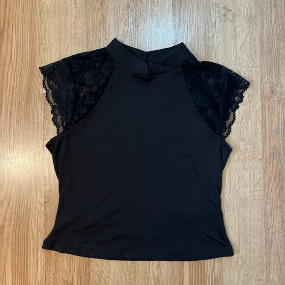 Cider Black Mock-Neck Short Lace Sleeve Tee - Picture 4 of 9
